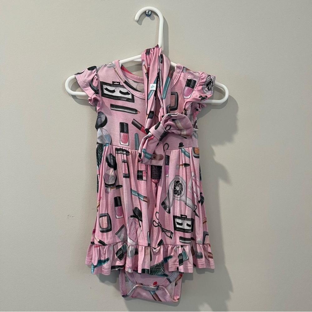 Posh Peanut Beauty Salon Cap Sleeve Ruffled Bodysuit Dress & Lux Bow Headwrap